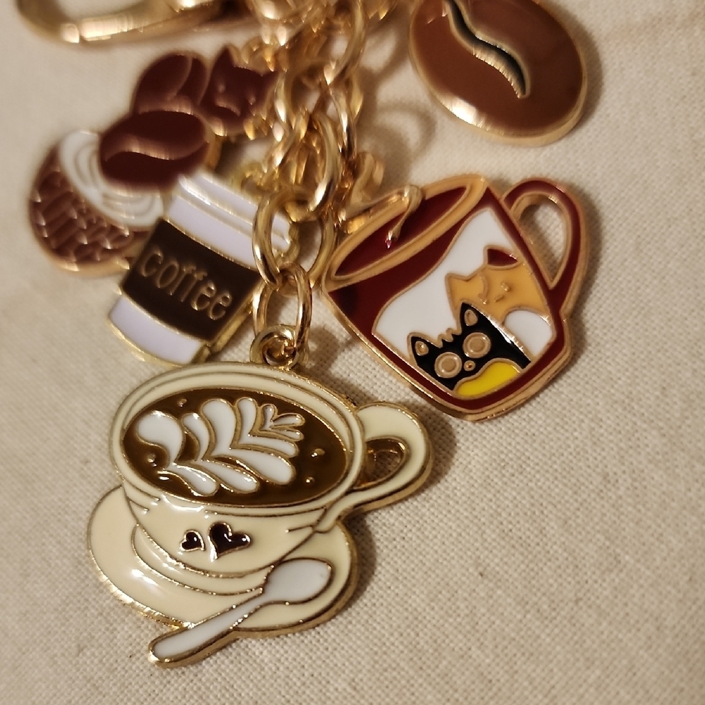 Gold and Brown Coffee Charm Keychain - Picture 2 of 5